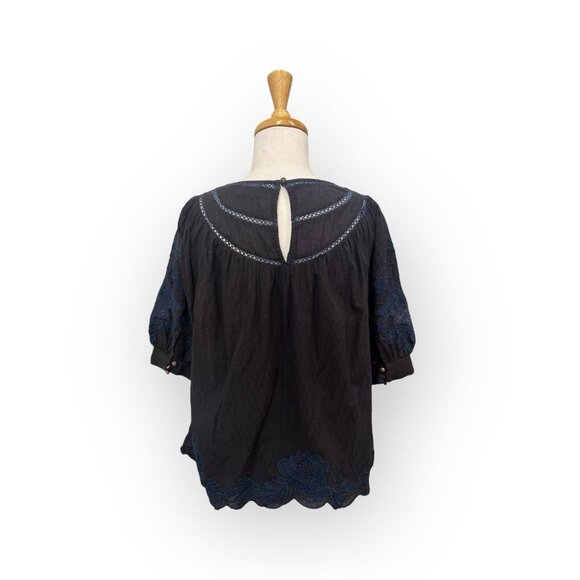 Anthropologie Salma Embroidered Peasant Blouse Size 0 Black Top - Picture 3 of 8